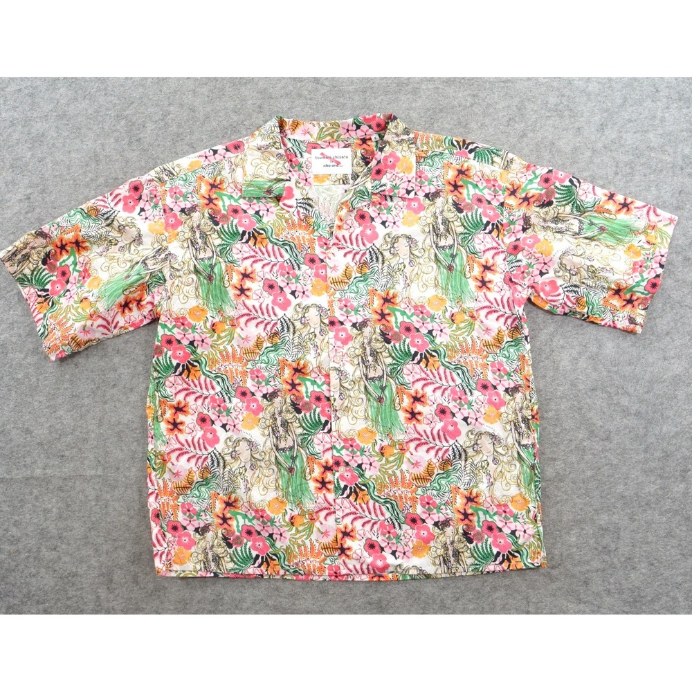 Tsumori Chisato Nico Top Womens Small Pink Button Floral Art Print Short Sleeve